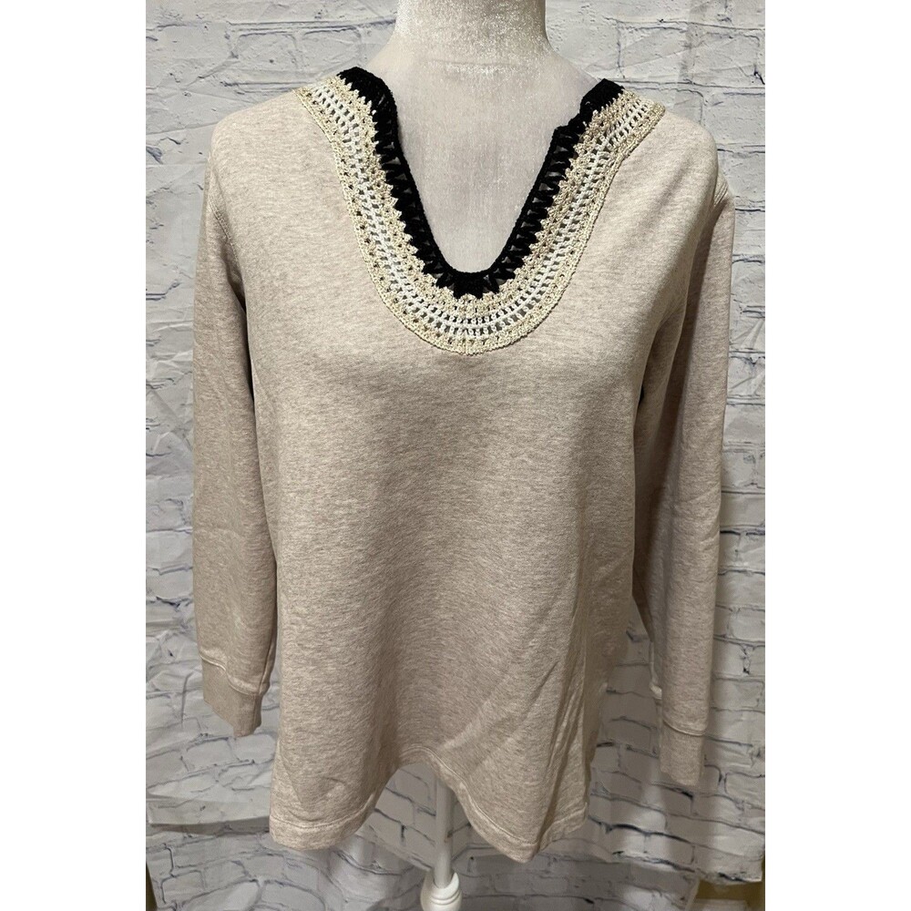 Chico’s 100% Cotton V Neck Embellished Long Sleeve Top Size 1/medium/8